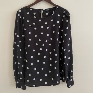 J. Crew Black and White Polka Dot Blouse with Cute Button Cuff in Size Large